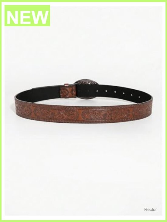 Western Cowgirl Belt Floral Engraved Metal Oval Buckle PU Leather